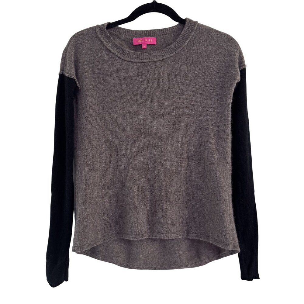 Me. N. U Womens Gray/Black 100% Cashmere Long Sleeve Sweater Crew Neck Top S